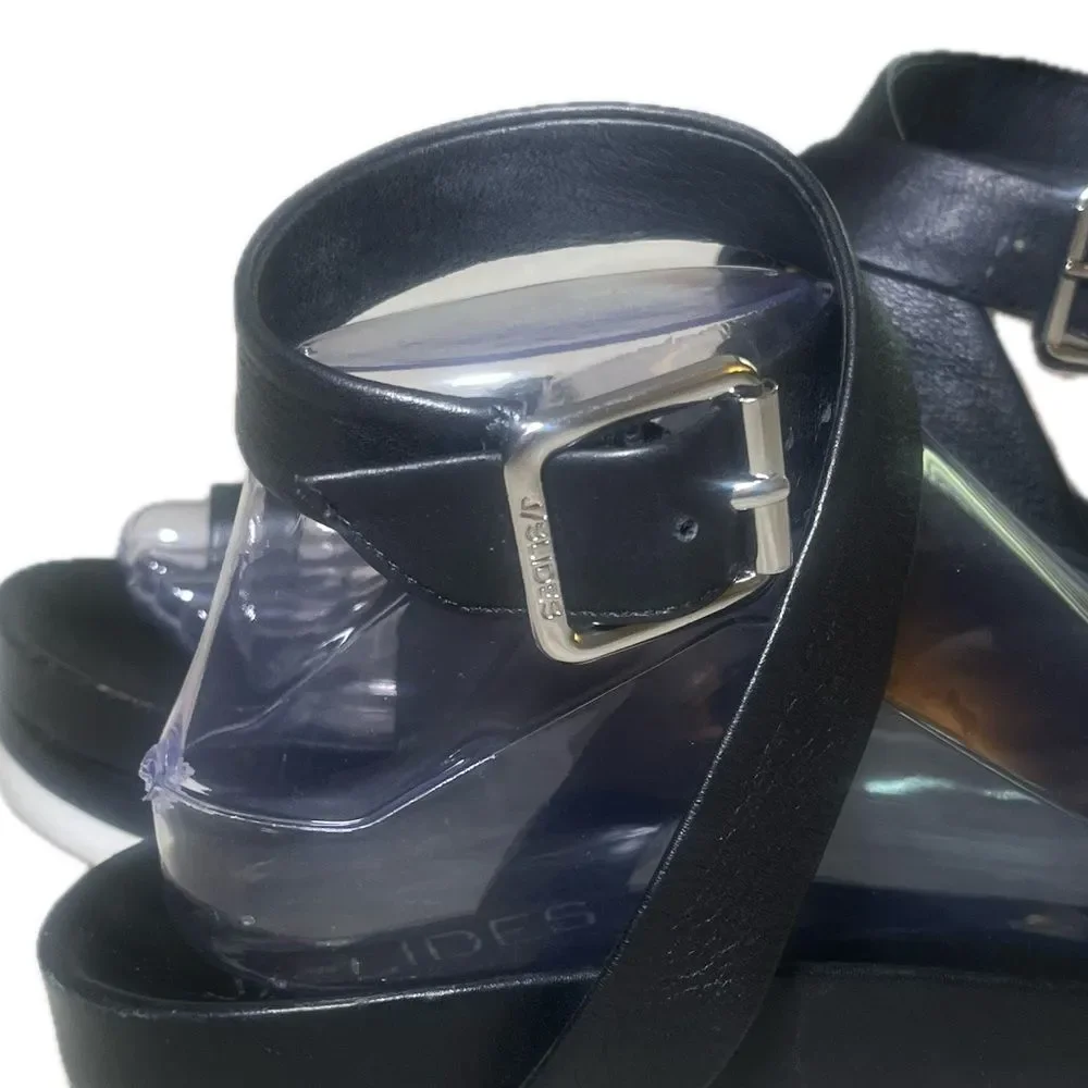 J Slides NYC Black Leather Sandals White Bottom Size 7.5